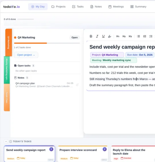 The My Day screen of todovo, with a task, its project and notes